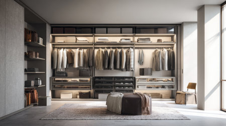 Modular modern closet with pull-out drawers, backlit shelves, and neutral tonesの素材