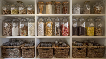 Neatly organized pantry section in kitchen with clear jars, baskets, and labelsの素材