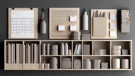 Organized office wall with calendar, reminders, and minimalist shelving for suppliesの素材