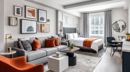 Spacious deluxe room with sofa seating, accent lighting, and designer decorの素材