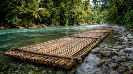 Bamboo raft used for river tours drifting gently downstream past jungleの素材