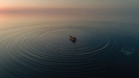 Calm sea horizon with small tour boat creating ripple in smooth surfaceの素材