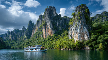 Cruise tour boat sailing past dramatic karst cliffs under partly cloudy skyの素材