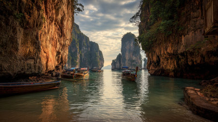 Dramatic sea cliffs and calm cove with small dock and long-tail boats waitingの素材