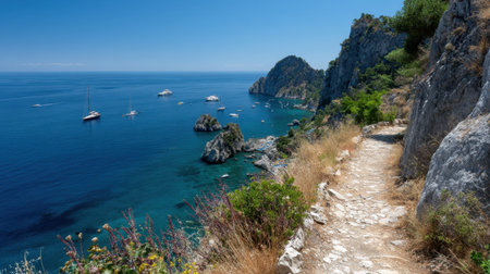 Cliffside path overlooking deep blue sea with dramatic coastline and anchored yachtsの素材