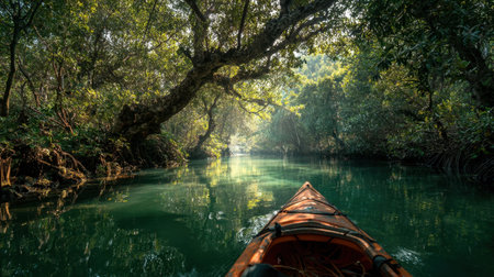 Kayaking path through mangroves with still water and dense greeneryの素材