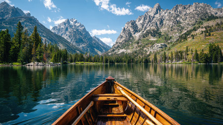 Rowboat paddle skimming across lake surface with mountain reflectionsの素材