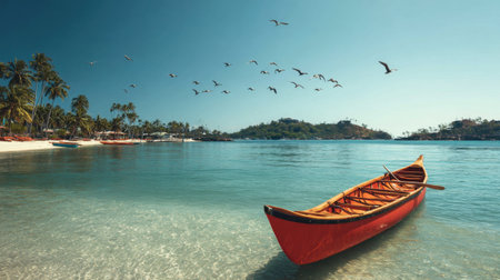Canoe parked on calm lagoon with sea birds flying above tropical shorelineの素材