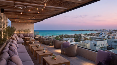 Rooftop terrace of beachfront hotel with panoramic view of coastline and sunsetの素材