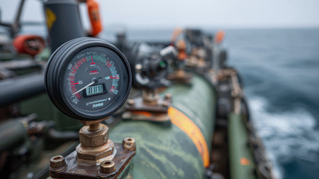 Close-up of air gauge and dive computer on tank with blurred sea in backgroundの素材