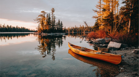 Canoe docked on peaceful lake surrounded by trees reflecting in waterの素材