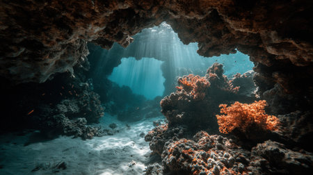 Coral reef with underwater cave entrance and rays of light shining inの素材