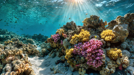 Coral reef teeming with life, framed by bubbles and sunlight rays from aboveの素材