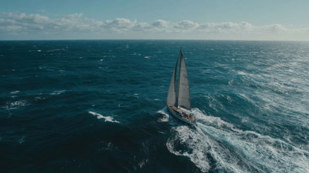 Wind-powered sailboat gliding along ocean horizon with visible wakeの素材