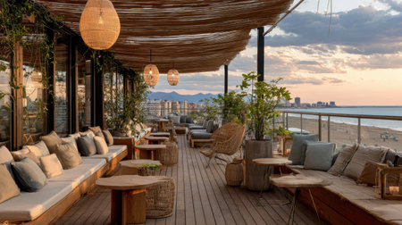 Rooftop terrace of beachfront hotel with panoramic view of coastline and sunsetの素材