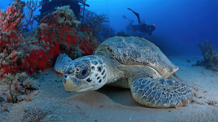 Sea turtle resting on coral bed near scuba divers flippers in sandy shallowsの素材