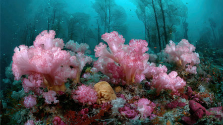 Underwater environment with soft coral, sponge, and faint scuba bubbles overheadの素材