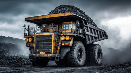 Coal mining truck with black ore piled high on loading bed in dusty environmentの素材