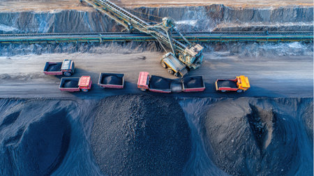 Aerial view of coal mining operation with conveyor belts and massive dump trucksの素材