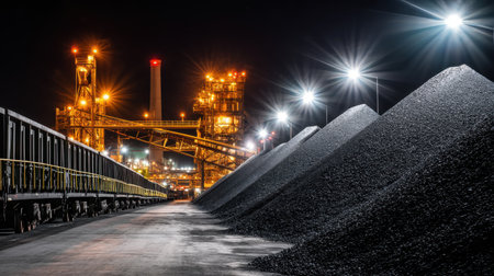 Coal stockpile beside conveyor system and processing plant under industrial lightingの素材