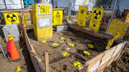 Blasting preparation area with warning signs, fenced perimeter, and drill holes markedの素材
