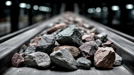 Conveyor belt loaded with crushed gold-bearing rocks at processing facilityの素材