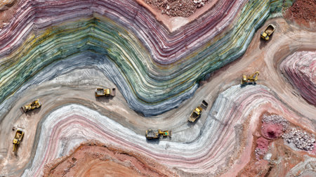 Aerial view of an open-pit mine with layered terrain and heavy machinery operating belowの素材
