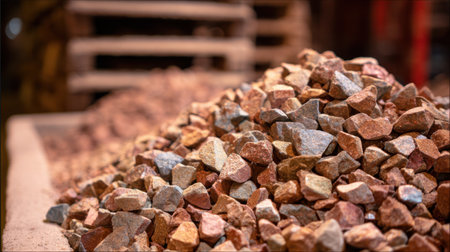 Crushed mineral rocks piled in sorting area awaiting further refinementの素材