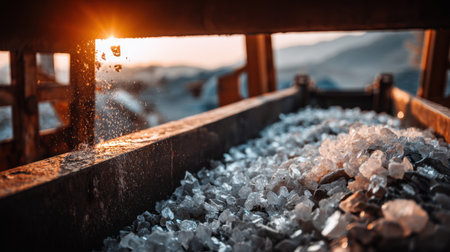 Conveyor system dropping crushed minerals into storage bin at quarry siteの素材