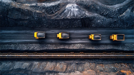 Aerial view of coal mining operation with conveyor belts and massive dump trucksの素材