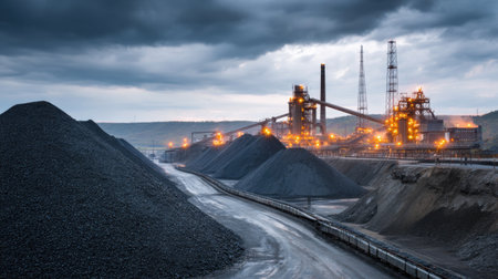 Coal stockpile beside conveyor system and processing plant under industrial lightingの素材