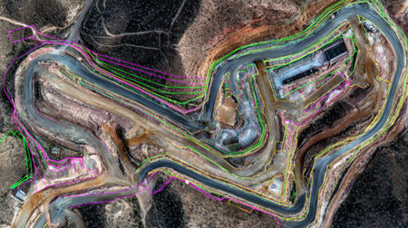 Conveyor route engineering layout over satellite image with marked elevationsの素材