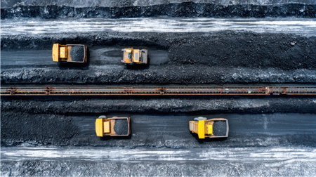 Aerial view of coal mining operation with conveyor belts and massive dump trucksの素材