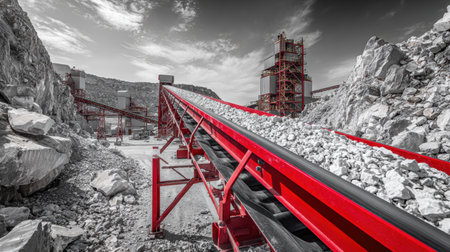 Conveyor belt system transporting crushed rocks through an industrial mining facilityの素材