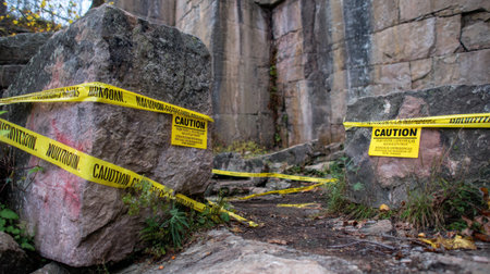 Caution tape blocking off unstable rock area in quarry with warning placardsの素材