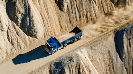 Dump truck cresting hill with low sun casting long shadows in quarryの素材
