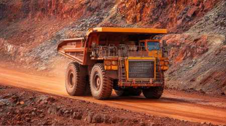 Diesel-powered haul truck loaded with iron ore driving uphillの素材