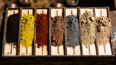 Close-up of mineral sample tray labeled for quality assessment after extractionの素材