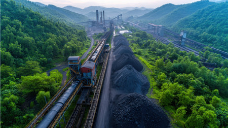 Conveyor system stretching over mining site carrying rocks to storage pilesの素材