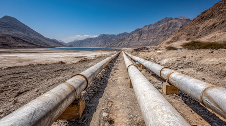 Copper ore heap leaching pad with pipes and collection systems in arid terrainの素材