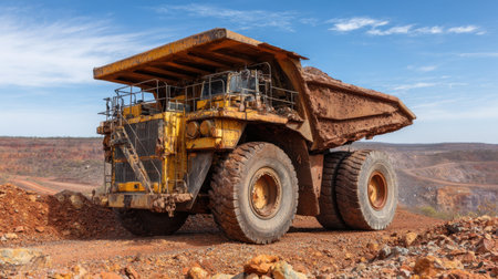 Diesel-powered haul truck loaded with iron ore driving uphillの素材