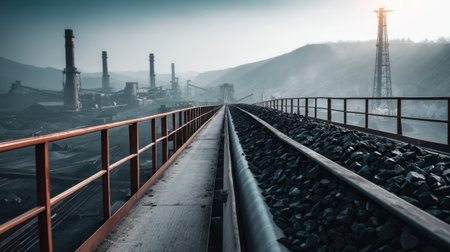 Conveyor system transporting black coal across the surface of a mining siteの素材