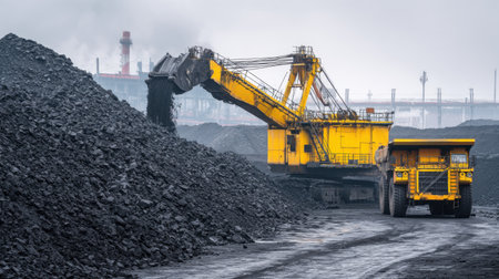 Electric rope shovel lifting raw materials into a haul truck in a coal mineの素材