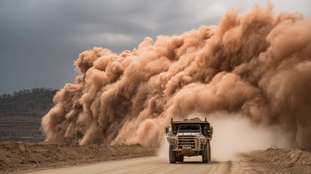 Dust cloud trailing behind mining truck driving on remote quarry roadの素材