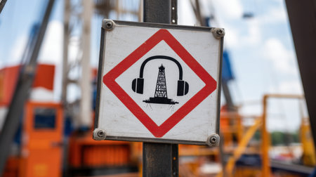 Ear protection signage near drilling rig operating in open-pit environmentの素材