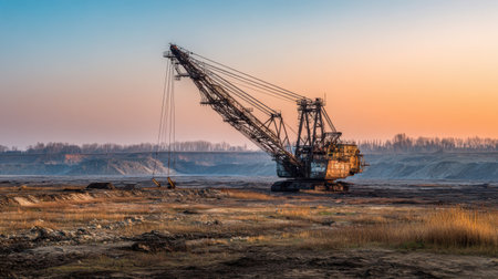 Dragline excavator towering over surface mine with extended boom and bucketの素材