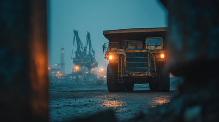 Front-facing mining truck framed by industrial structures at pit entranceの素材
