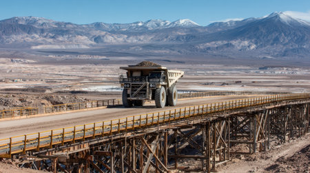 Haul truck crossing elevated road at lithium extraction facility in desert landscapeの素材