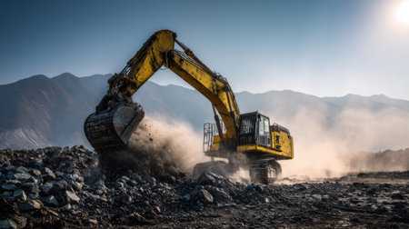 Giant excavator removing rock and soil during mineral extraction operationの素材