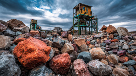 Heap of raw minerals stacked near crushing unit with cloudy backgroundの素材